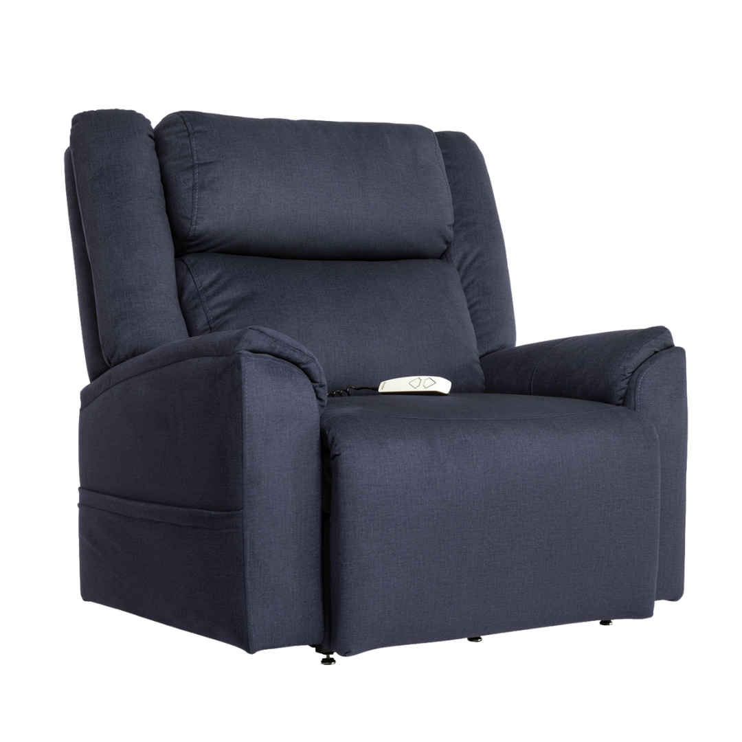 A spacious, dark blue Pride Mobility Evolution Collection Power Lift Recliner with cushioned armrests and backrest, premium features, and a remote control resting on the seat.
